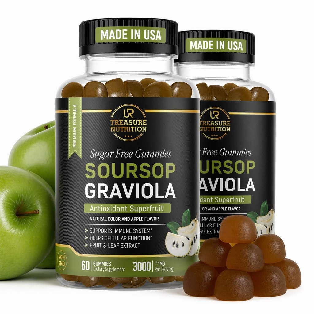 Soursop Leaves & Soursop Fruit Gummies - 3000mg Soursop Extract - 2 Pack Graviola Supplement - Soursop Fruit and Leaf - 120ct - Sukkerfri - Glutenfri - Ikke-GMO - Vegan Vennlig