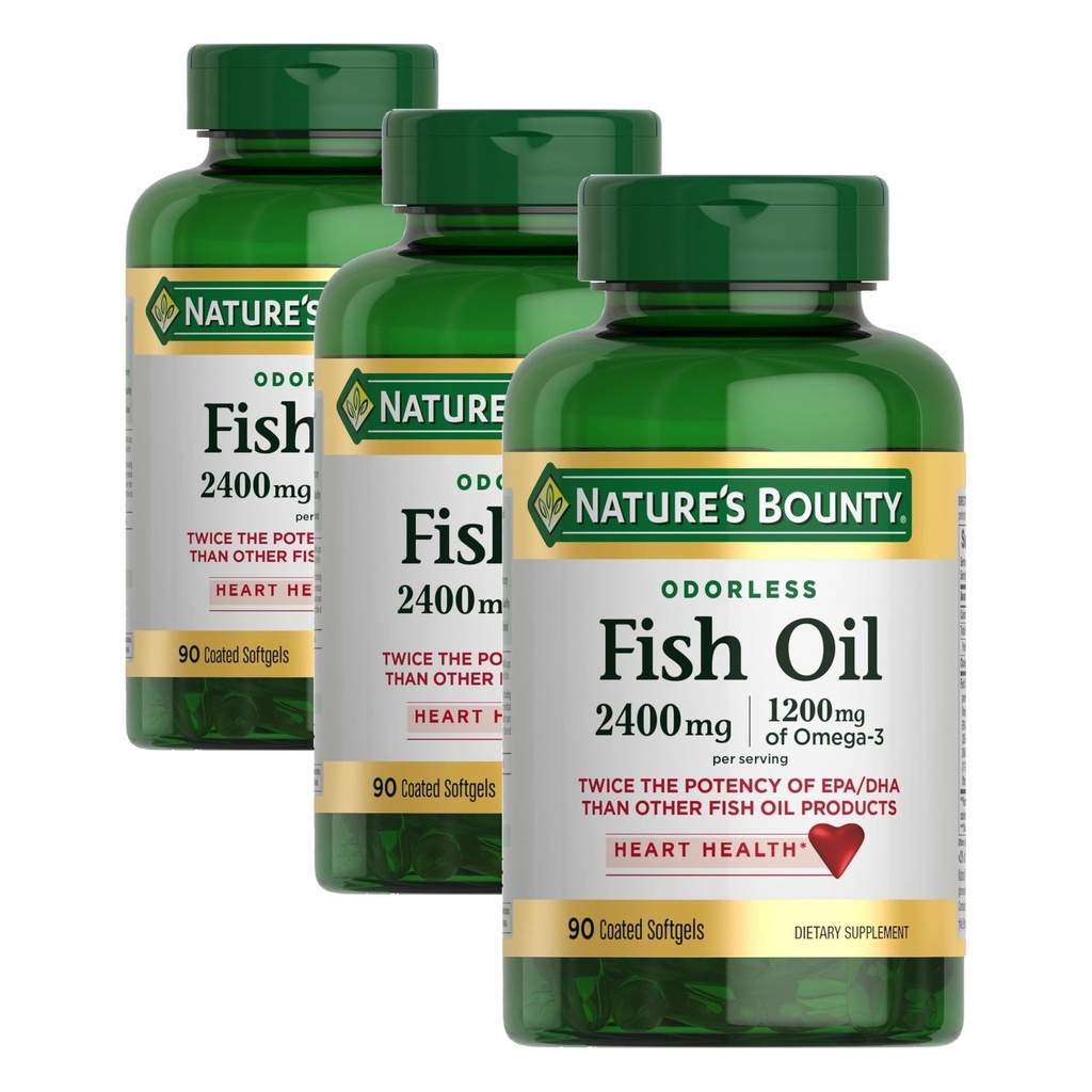 Naturens Bounty Odorless Fish Oil, 1200mg Omega-3 per servering inkludert EPA & DHA, støtter hjertehelse, renset for å eliminere mercury, coated Softgels, Glutenfri, Ingen Shellfish, 90 greve, (Pack of 3)