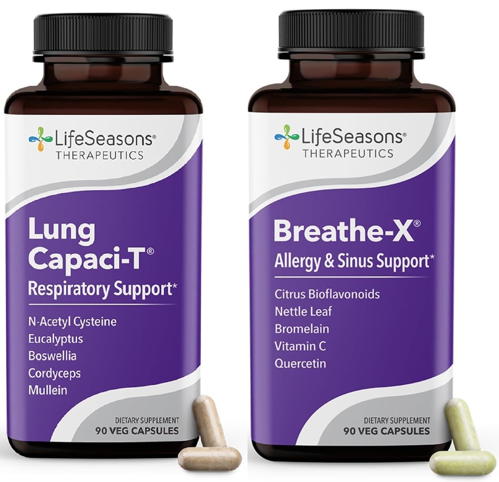 LifeSeasons Breath-X med Lung Capaci-T - Allergy & Respiratorisk støtte - Raskvirkende Sinus Relief - øker oksygenkapasitet og reduserer mucus - 180 Kapsler