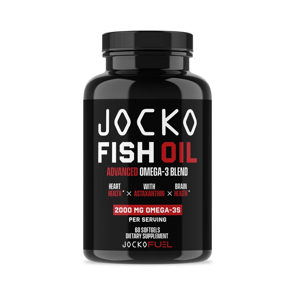 Jocko drivstoff Omega 3 Fish Oil Supplement 2000 mg - Burpless fettsyre Supplement, Wild Fanget, kraftig antioksidant med Astaxanthin (60 kapsler)