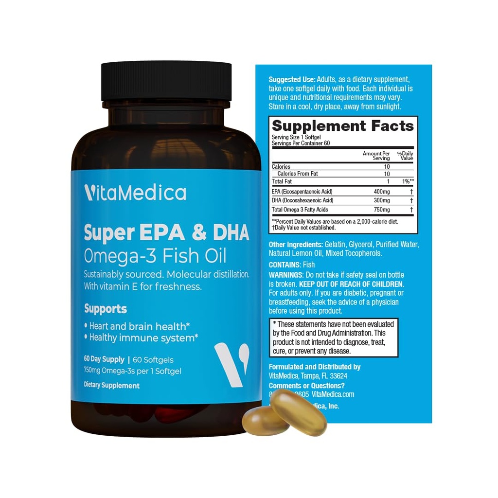 Høy potens, Super EPA / DHA Fish Oil 750mg av essensielle Omega-3 fettsyrer EPA & DHA | hjerte helse, hjerne helse, immunsystem helse