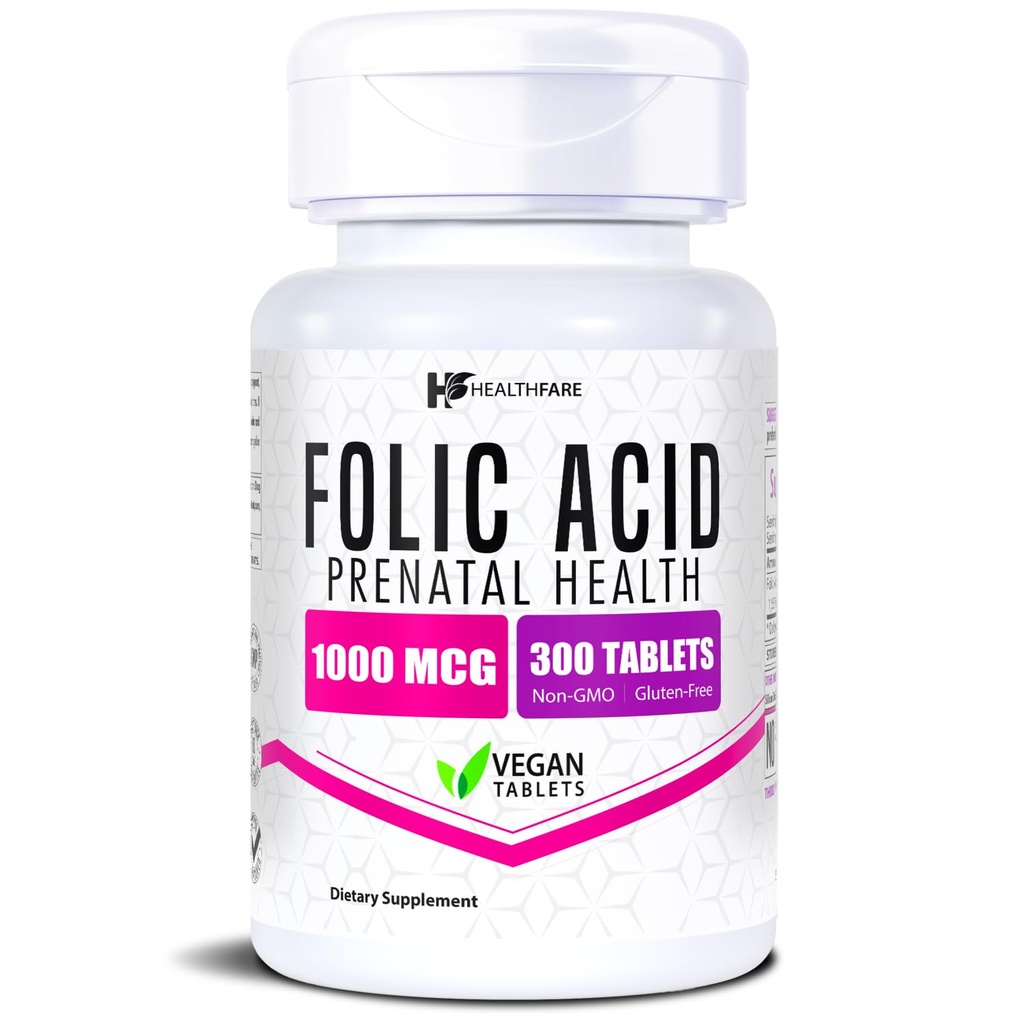 Helsefare Folinsyre 1000mcg | 300 Veg Tabletter | Vitamin B9 | Glutenfri | Ikke-GMO | laget i USA