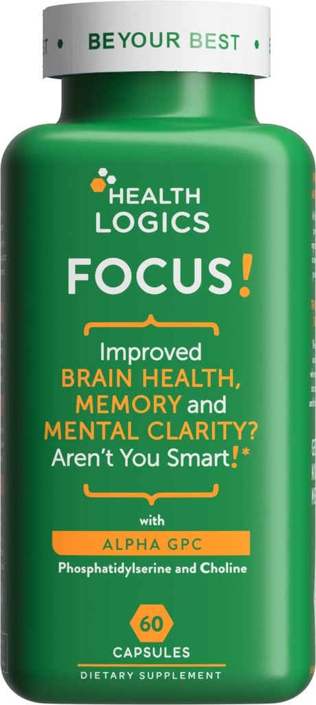 Helse Logikk Fokus! - Brain Supplement for minne, Klarhet, Konsentrasjon med Choline, Ginkgo Biloba, Alpha GPC, Fosfatidyserin, Bacopa Monnieri l 60 Kapsler l Ikke-GMO