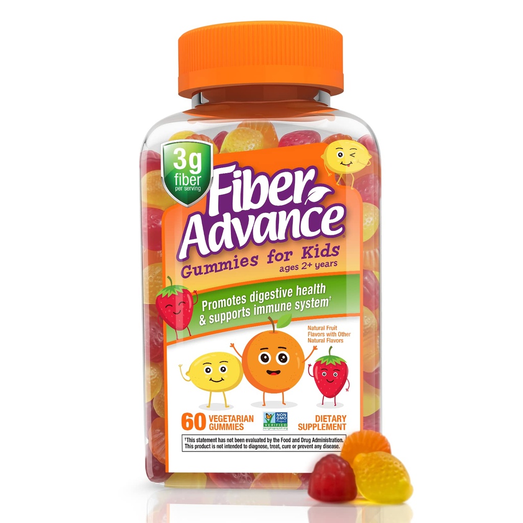 Fiber Advance Gummies for barn 100% Plant Basert Fiber Kosttilskudd for Digestive Helse | Prebiotiske Fiber Gummies | Vitaminer for barn | Glutenfri, vegetarisk, & ikke-GMO, 60 greve