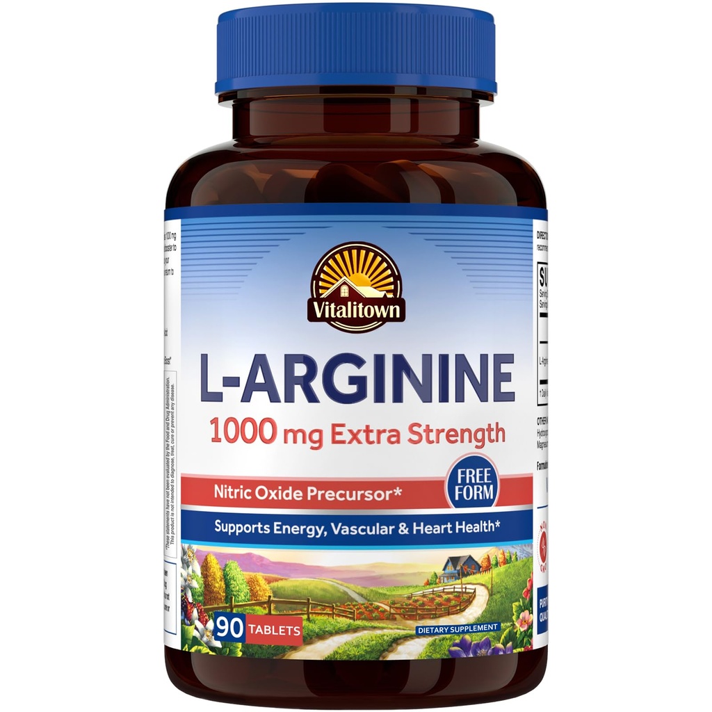 Vitalitown L-Arginin for menn og kvinner, 1000 mg, Nitric Oxid Booster Supplements, Ingen Gluten, Ikke-GMO, Utholdenhet, Trening, Blodstrømsstøtte, 90 tabletter