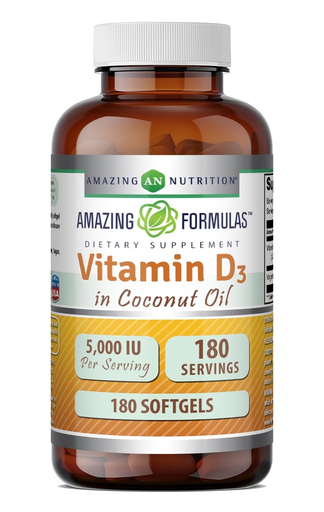 Amazing Formler Vitamin D3 med kokosolje Supplement | 5000 IU Per Serving | 180 Softgels | Ikke-GMO | Glutenfri |