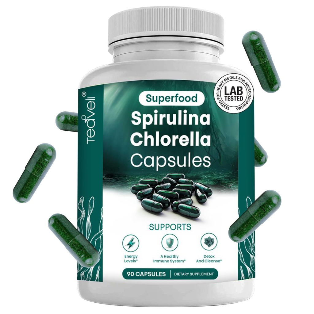 Spirulina og klorellakapsler – Klorophyllepiller og blågrønn algae for å støtte kraftig detox, energi og et sunnt immunsystem– 3X Mer Klorella Spirulina pulver/Serving – 90 Ct