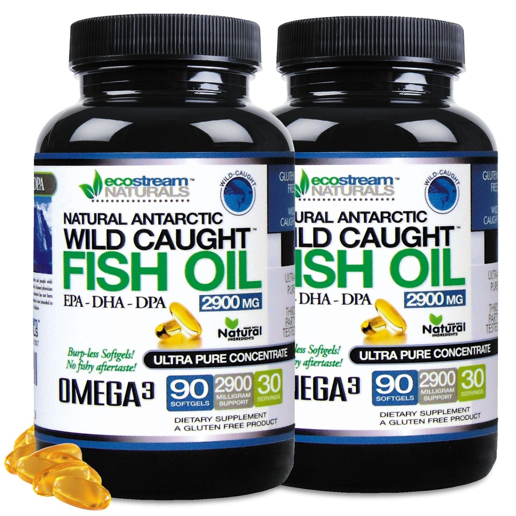 (Pack of 2) Natural Antarctic Wild Fanget Omega 3 Fish Oil DPA-EPA-DHA Supplement 2.900 Milligrams Trippel styrke Ultra ren konsentrert SoftGels - Ingen fisk Tasting Burps
