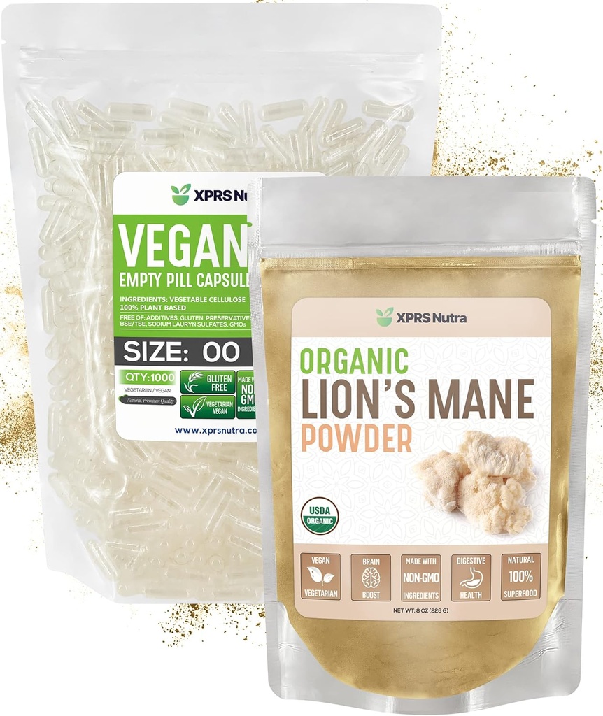 XPRS Nutra Organic Lion's Mane 8 Ounce med størrelse 00 tomme kapsler DIY Supplement Fylling