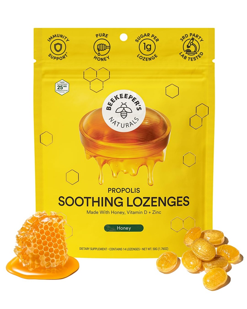 Soothing Honning Cough Drops - Immun støtte med vitamin D, sink og propolis - av Beekeeper's Naturals - Throat Soothing Lozenges, 14 Ct