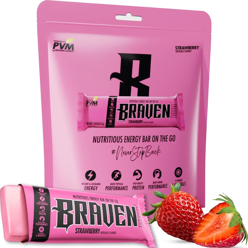 Braven Bar Strawberry Energy Bars (1,59 oz, Pakke med 10) – Energi Chews Alternativ med 5g Protein – På farten Snacks for løp, spaserturer og sport - Glutenfri snacks - Barer Protein