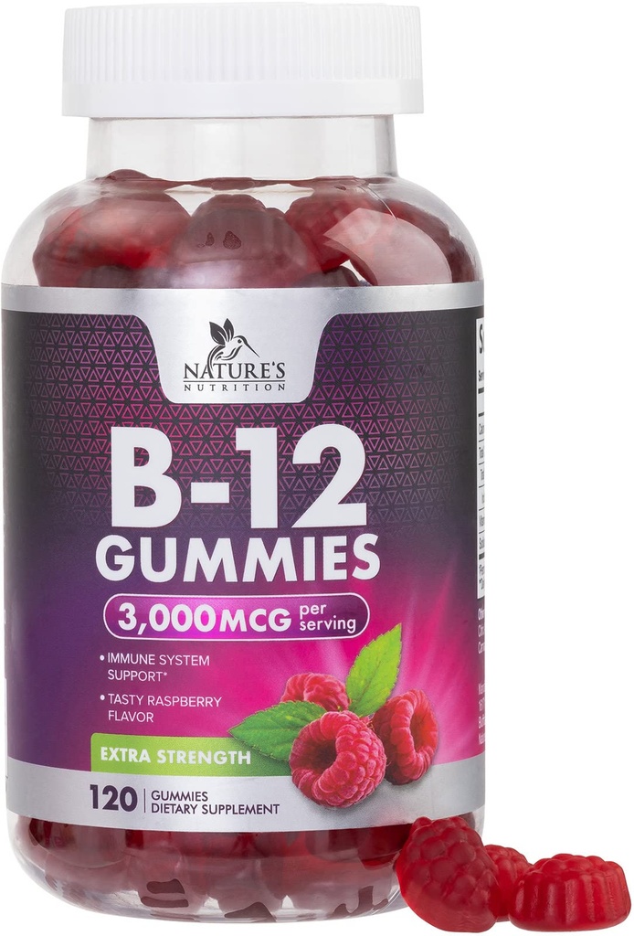 B12 Vitaminer Energi Gummies 3000 mcg - Ekstra styrke B 12 Gummy for metabolisme og immunsystem støtte - Chewable Dietary B12 Kosttilskudd for voksne og barn Koffein Gratis Gummi Vitamin - 120 Gummies