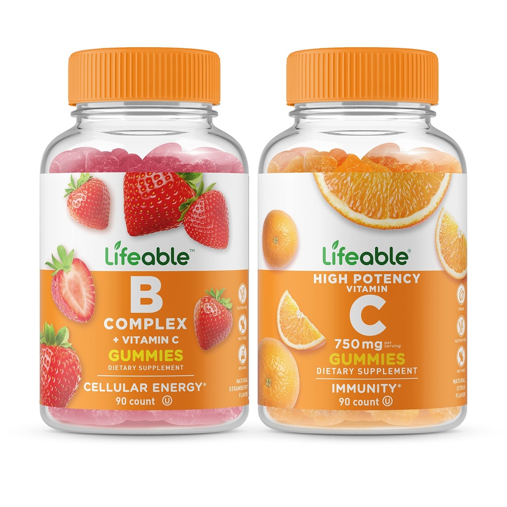 Livbar B-kompleks + vitamin C 750mg, Gummies Bundle - Great Tasting, Vitamin Supplement, Glutenfri, GMO Gratis, Chewable