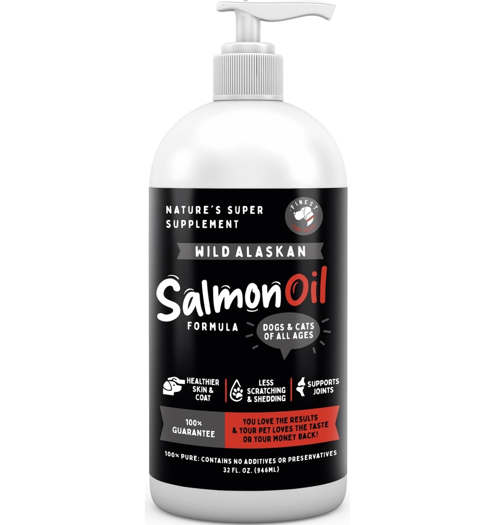 Fineste For Kjæledyr Wild Alaskan Salmon Oil for hunder og katter - Omega 3 Fiskeolje med Pollock & Salmon for sensitiv hud og Coat helse. EPA & DHA Ease kløe, støtter felles, immun og hjerte helse (32oz)