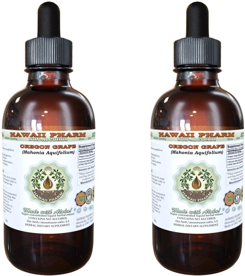 Hawaii Pharm Oregon Grape alkohol-fri flytende ekstrakt, Oregon Grape (Mahonia akifolium) tørket rot glykeritt naturlig Herbal Supplement, USA 2x2 fl.oz