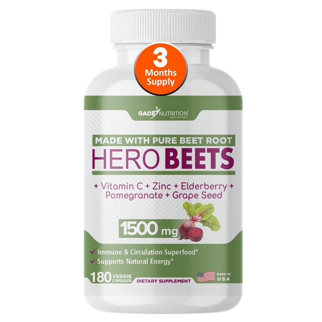 Gade ernæring Hero Beets - Beet Root Capsules 1500mg - Økologisk Beet Root pulver + vitamin C sink, Elderberry, Pomegranat, Grape Seed Extract - 3 måneders forsyning