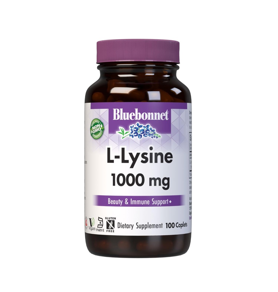 BlueBonnet L-Lysine 1000mg essensielle aminosyrer Supplement - immun- og kollagenstøtte kosttilskudd for kvinner og menn - ikke-GMO, Vegan & Glutenfri - 1000 mg L Lysin Per Serving - 100 Caplets