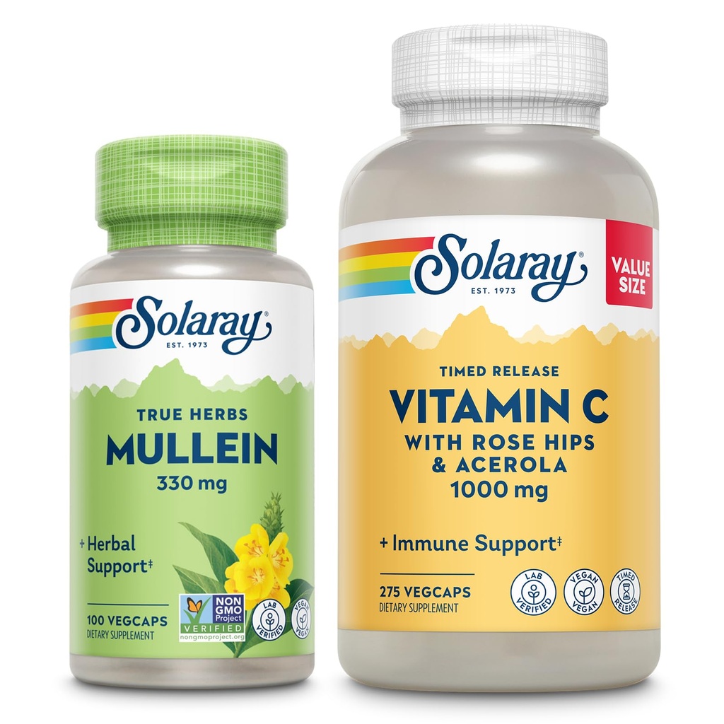 SOLARAY Vitamin C 1000mg og Mullein Leaf Wellness Bundle - Time Release Vitamin C Supplement og Mullein Kapsler, Tradisjonelt brukt til velvære støtte - Vegan, 60-dagers garanti, 275/100 VegCaps