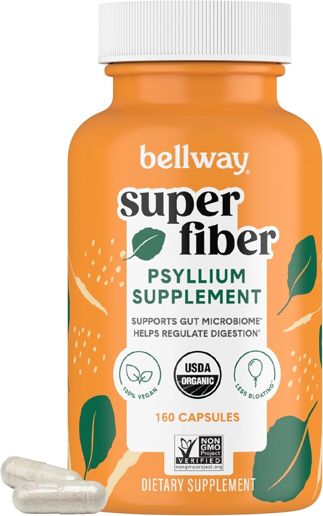 Bellway Super Fiber Capsules - USDA Organic Psyllium Husk Capsules - Daglig Psyllium Husk Fiber Supplement for Digestive helse og regelmessighet - Plant Basert, Ikke-GMO, Kosher - 160 Kapsler