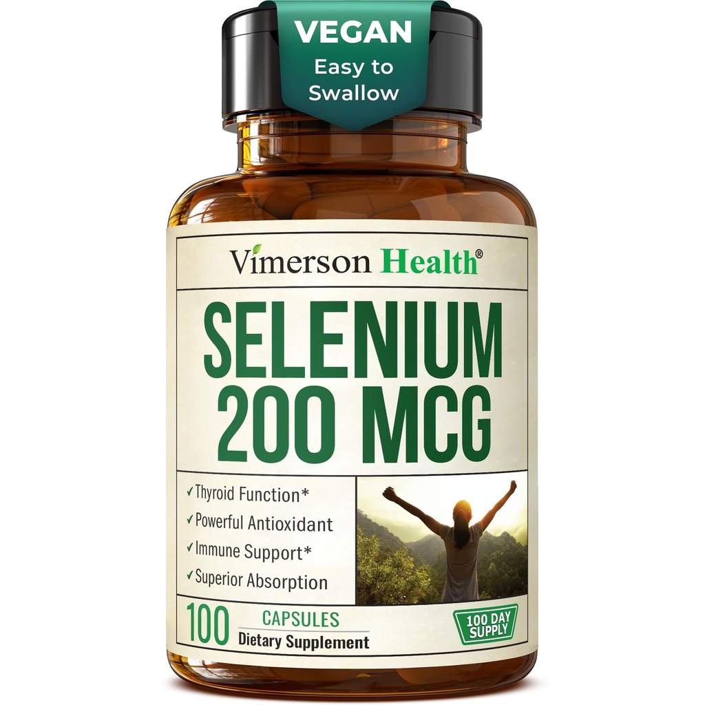 Selenium 200 mikrog Kapsler – høy potens Selenium Supplement for Thyroid, antioksidant og immun støtte – svært biotilgjengelig L-Selenometionin Essential Mineral Supplements – Vegan, 100 kapsler