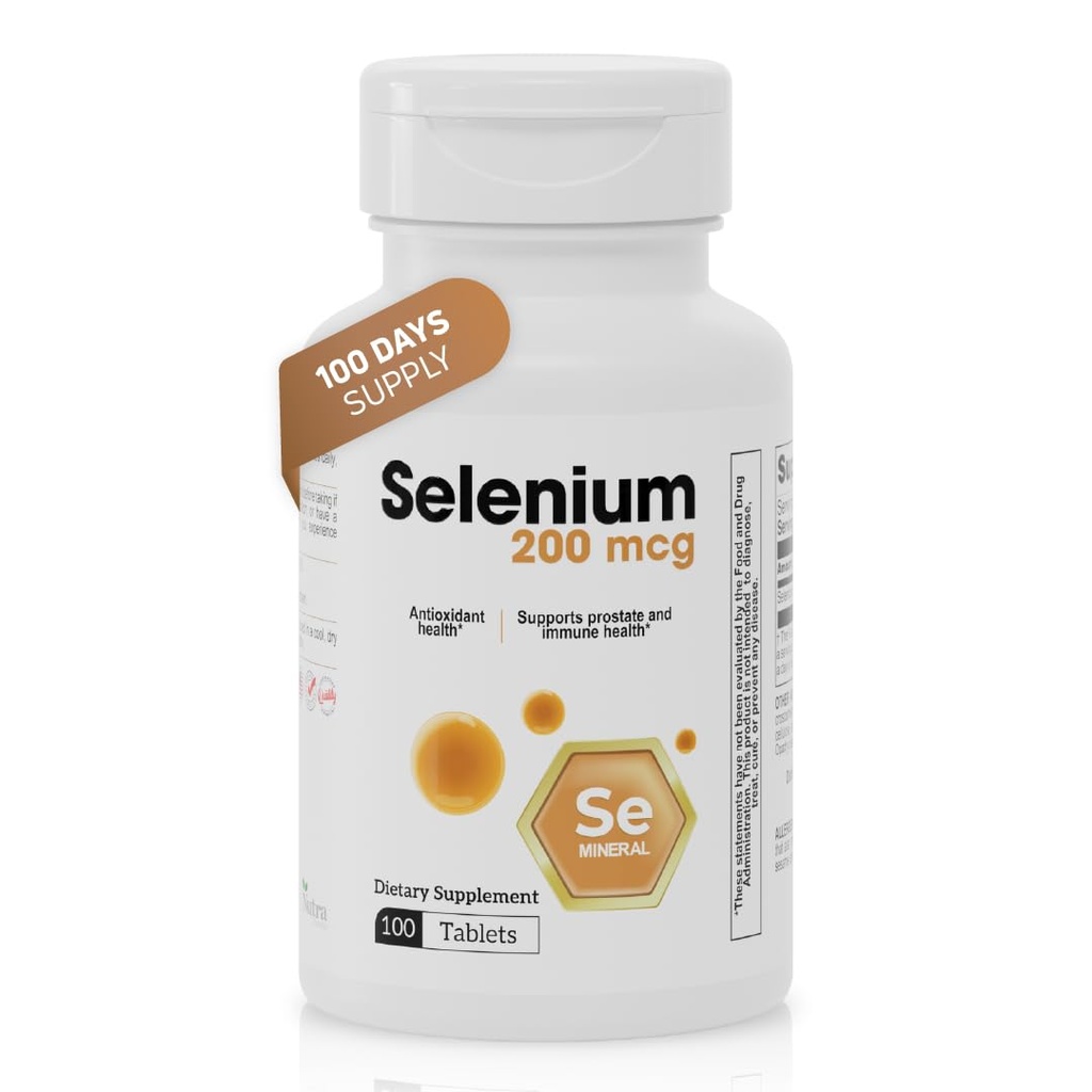 Selen 200 mcg tabletter – Antioksidant Selenium Supplement – støtter immun- og prostata helse – Selenium Supplement for menn og kvinner – 100 tabletter, 100-dagers forsyning