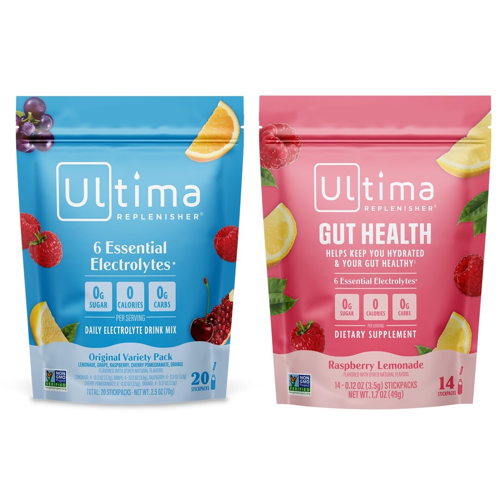 Ultima Replenisher Electrolyte Powder Drink Mix Bundle – sukkerfri – Variety, Gut Helse – 20 Stickpacks, 14 Stickpacks – 6 Elektrolytter og mineraler – ketovennlig, vegansk, ikke-GMO