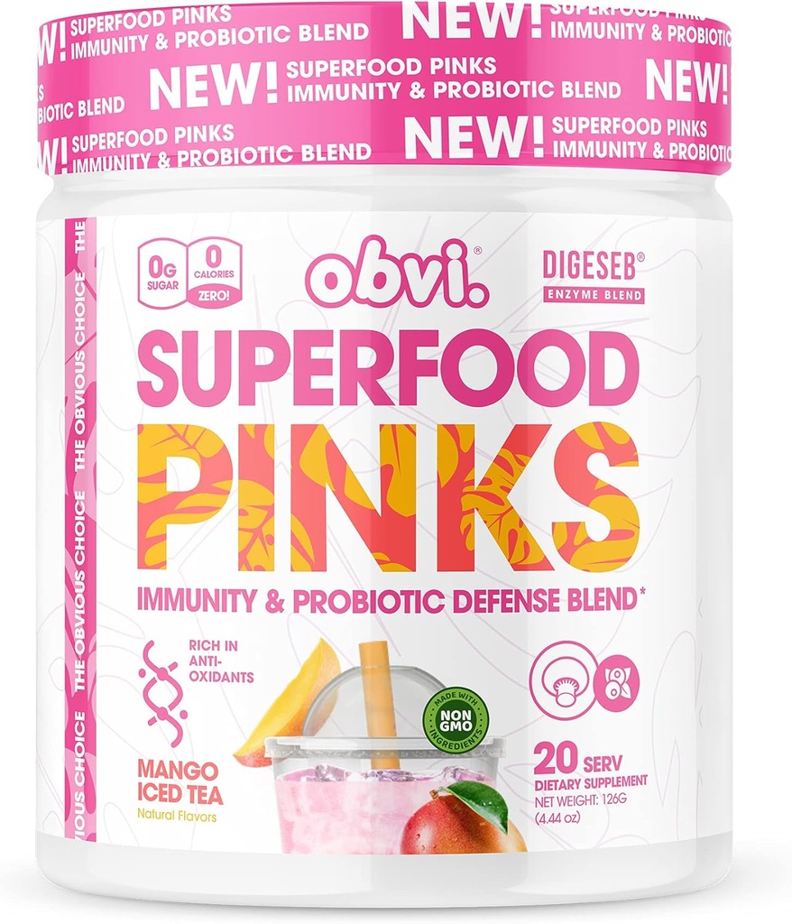 Obvi Superfood Pinks Probiotic Blend | Rik på antioksidanter, Adaptogens, Digestive Enzym Blend, Immun støtte, Gut Helse | Keto, Glutenfri, Ingen sukker, 10 milliarder CFU | Mango Iced Te, 20 Services