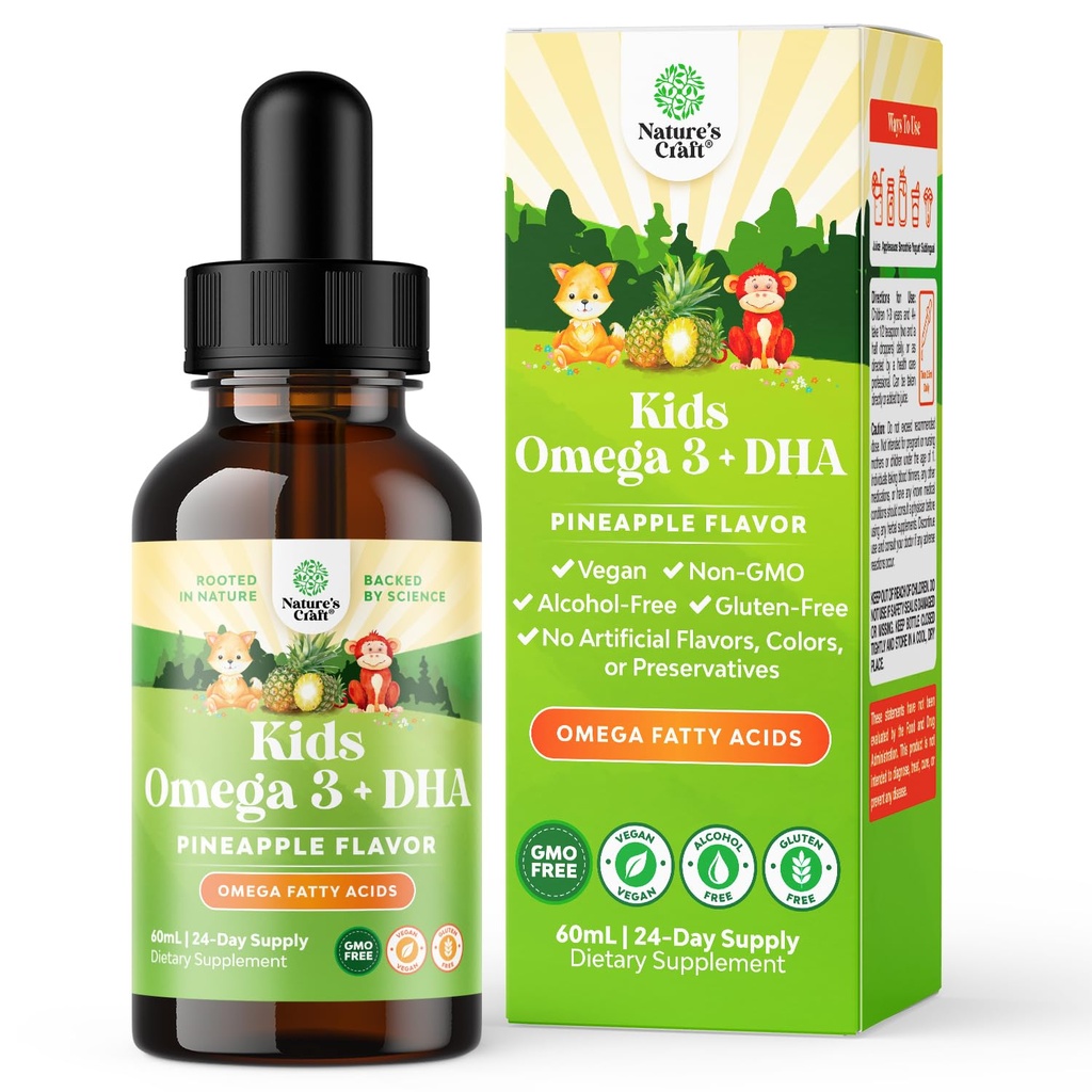 Kids DHA Omega 3 dråper - fettsyrer Omega 3 6 9 for hjernen, immunstyrke og visjon - ernæringsmessig DHA for barn for sunne nervesystem og fokus støtte - flytende kosttilskudd med EPA & ALA - 2 Fl Oz