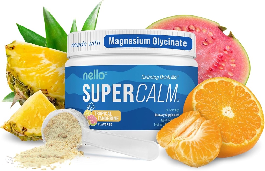 Nello Supercalm pulverisert drikk Blande, Tropisk Tangerin, L teanin, Ksm-66 Ashwagandha, Magnesium Glycinat, vitamin D 3, Kosttilskudd for avslapping og fokus, Naturlig, Ingen sukker, Ikke GMO, 30 Srvg