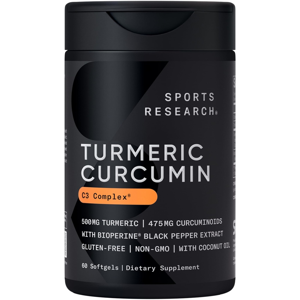 Idrettsforskning Turmeric Curcumin C3 Complex 500 mg, forbedret og svart pepper og økologisk kokosolje for bedre absorpsjon; ikke-GMO og glutenfri - Standardisert 95% curcuminoids (60 Count Softgels)