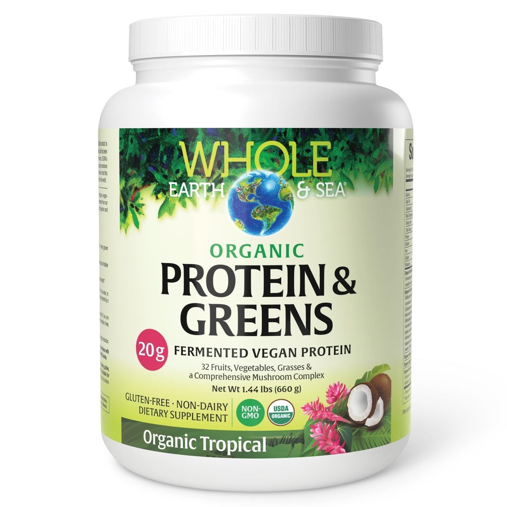 Hele jorden og havet fra naturlige faktorer, organisk fermentert protein og grønne, vegansk hele mattilskudd, tropisk, 1lb 7,3 oz