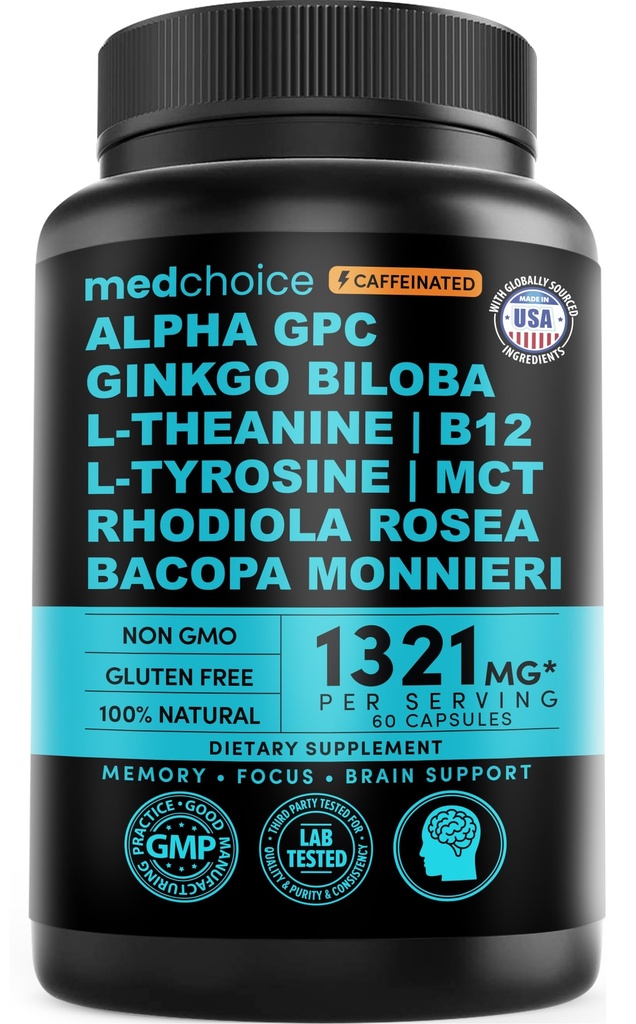 12-i-1 Nootropic Brain Supplement med koffein Anhydrous: Ginkgo Biloba for hjernestøtte, minne og fokus - B12, Alpha GPC, L Theanine og Choline Supplements med Bioperine med 1321mg (60ct)