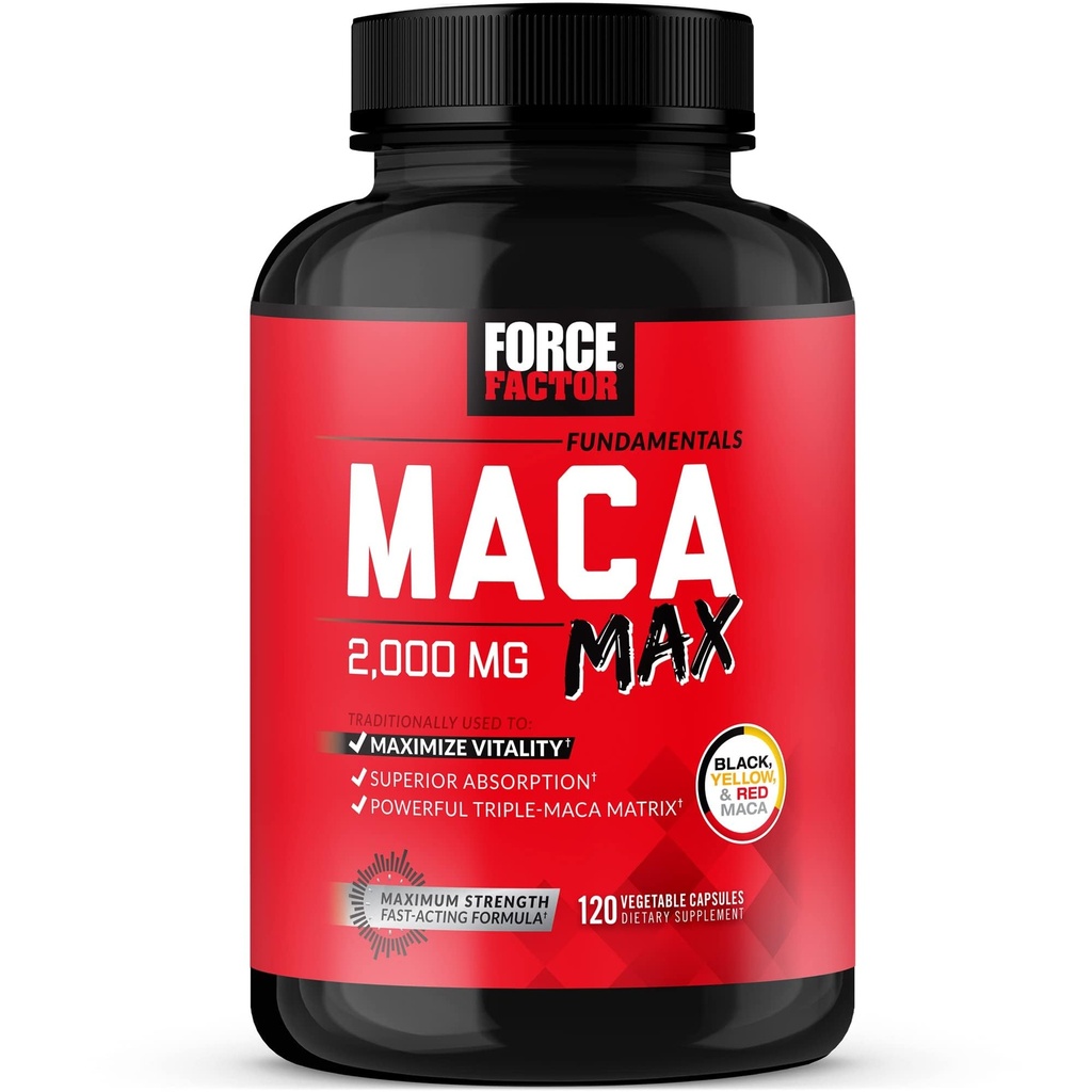 Force Factor Maca Max, Maca Root Kapsler for å maksimere vitalitet og ytelse, laget med svart Maca, rød Maca, & gul Maca pulver, Maca Root Powder, 2000mg, 120 Kapsler