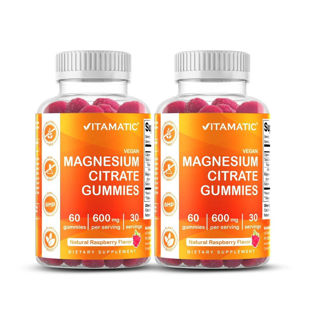 Vitamatisk magnesium Citrate Gummies 600mg per servering - 60 Count - fremmer sunn avslapning, muskel, bein, og energi støtte (Pack of 2)