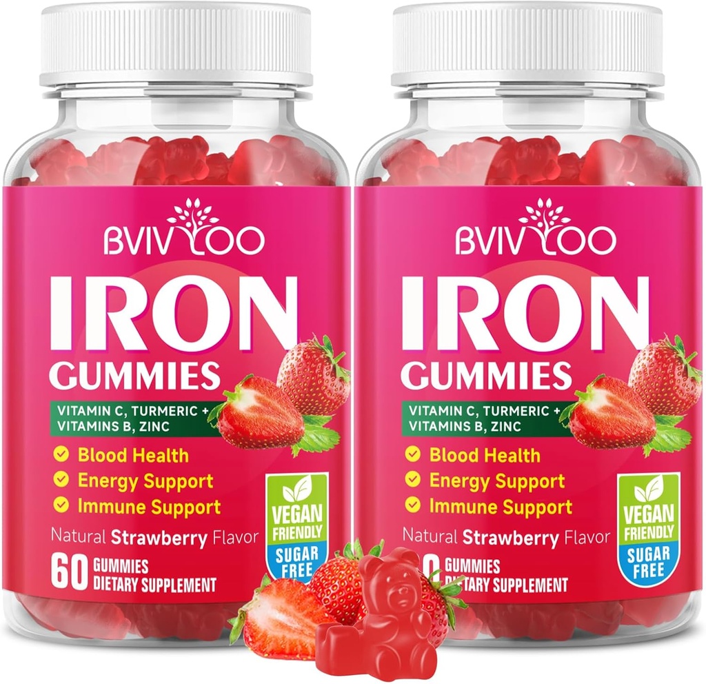 2 Pack Vegan jern gummier for voksne og barn - med vitamin C, A, B-kompleks, folat, sink og biotin - for blodbygging og energi støtte, 120 gummier