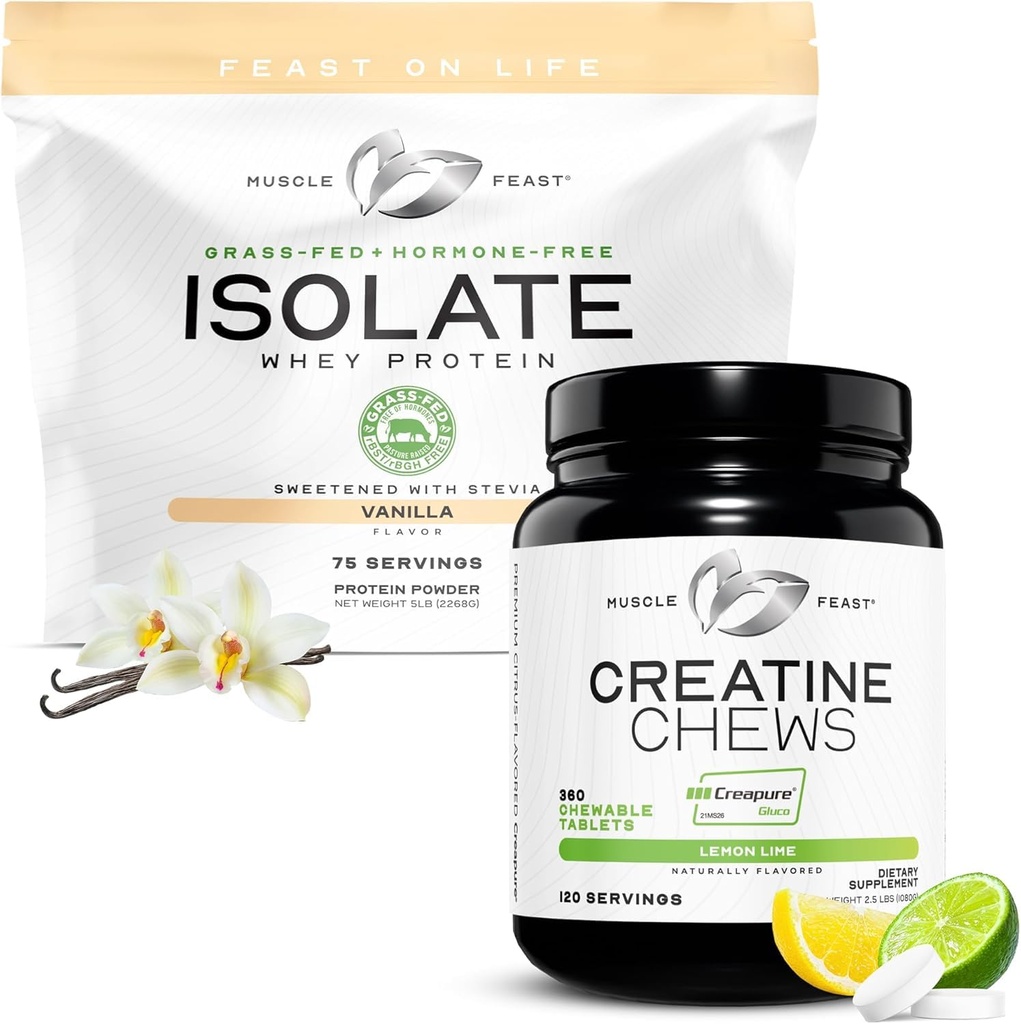 Muskelfest Isolate + Kreatin Candy Bundle: 1 Whey Protein Isolate (Vanilla, 5lb) + 1 Kreatin Candy (Lemon Lime, 360) | Premium-tilskudd, vegetarisk, Glutenfri