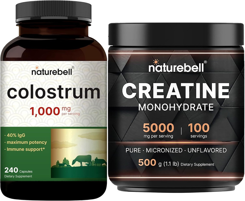 NatureBell Kreatin Monohydrat Powder & Colostrum 240 Kapsler 1000 mg Per servering Bundle Pack | Høy absorpsjon Mikronisert Kreatin | Mors første melk fra Grass Fed Bovine