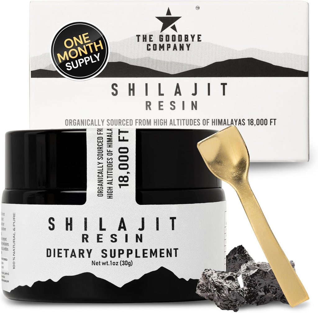 Goodbye Company ren Shilajit Resin – organisk med 85 + spormineraler og ren fulvsyre; for menn og kvinner energiforsterkning, muskelbygging, Stamina, Vitality Supplement 3-måneders forsyning
