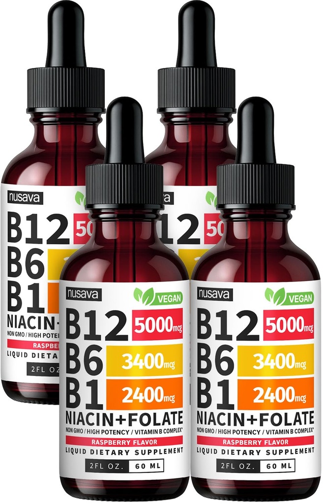(4 Pakke) Vitamin B12 og B6 Flytende dråper, B12 Sublingual Vitamin B Complex - B 12 Vitamin 5000mcg - B12 Methylcobalamin for energi, hjerne og hjerte støtte med 27 200 mhg, bringebær, 80 serveringer