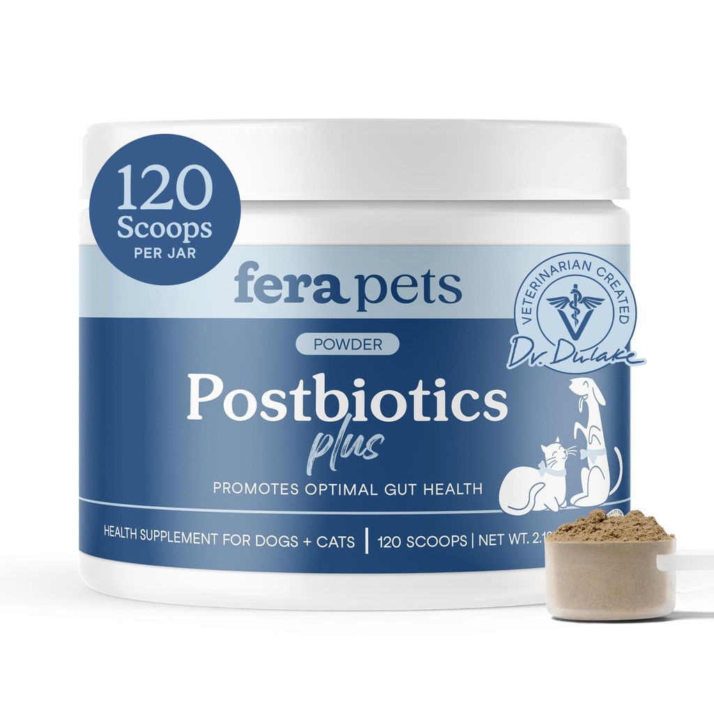 Fera Kjæledyr Postbiotika Plus Prebiotika for hunder og katter - med Slippery Elm - fremmer optimal digestiv helse og inflammatorisk respons - Forbedre immunitet - 120 Scoops
