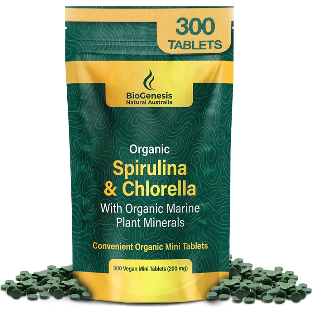 Biogenese Organic Spirulina, Chlorella & Marine Plant Minerals – 300 greve (200 mg)  Australian Australian Grown Algae Superfood | Støtte Energi og immunitet | Vegan Mini Tabletter