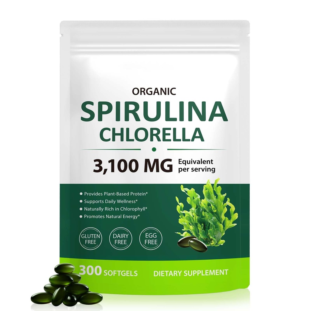 Tiuedu Spirulina Chlorella Softgels 300 kapsler, 17 i 1 Grønn Næringsstoff blanding Spirulina Chlorella Softgels,Rich i planteprotein, vitaminer, klorofyll, lett å ta Softgel