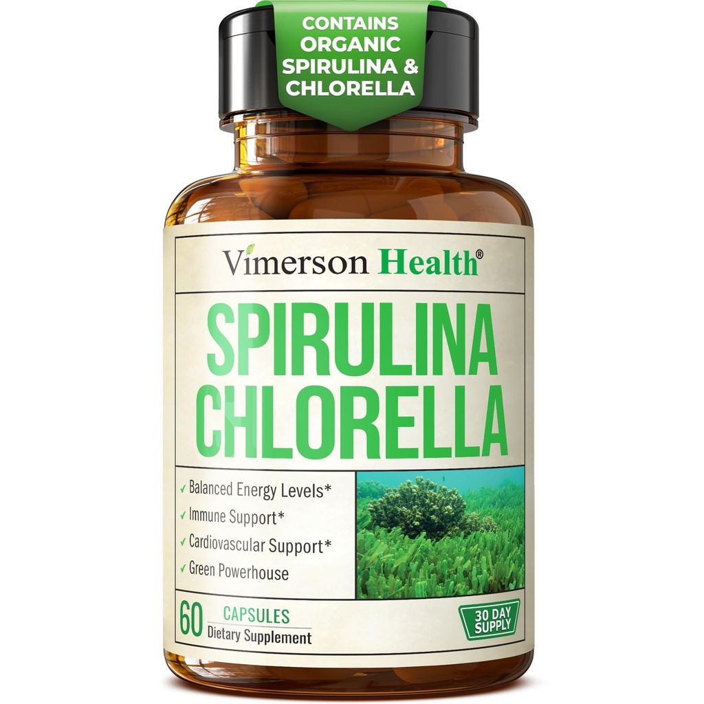 Organic Spirulina og Chlorella Capsules - Spirulina Capsules med Klorella Powder for immun-, antioksidant- og energistøtte. Nytende Super Green. Vegansk og ikke-GMO. Tredjepartstestet. 60 Caps