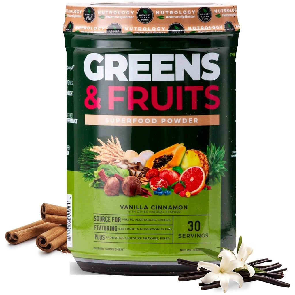Nutrologi Grønn og frukter Powder-Naturlig laget Superfood, Beet pulver, Mushroom Blend, Probiotika, Digestive Enzymer, Fiber, Antioksidanter, Immunstøtte, Glutenfri - Vanilla Cinnamon