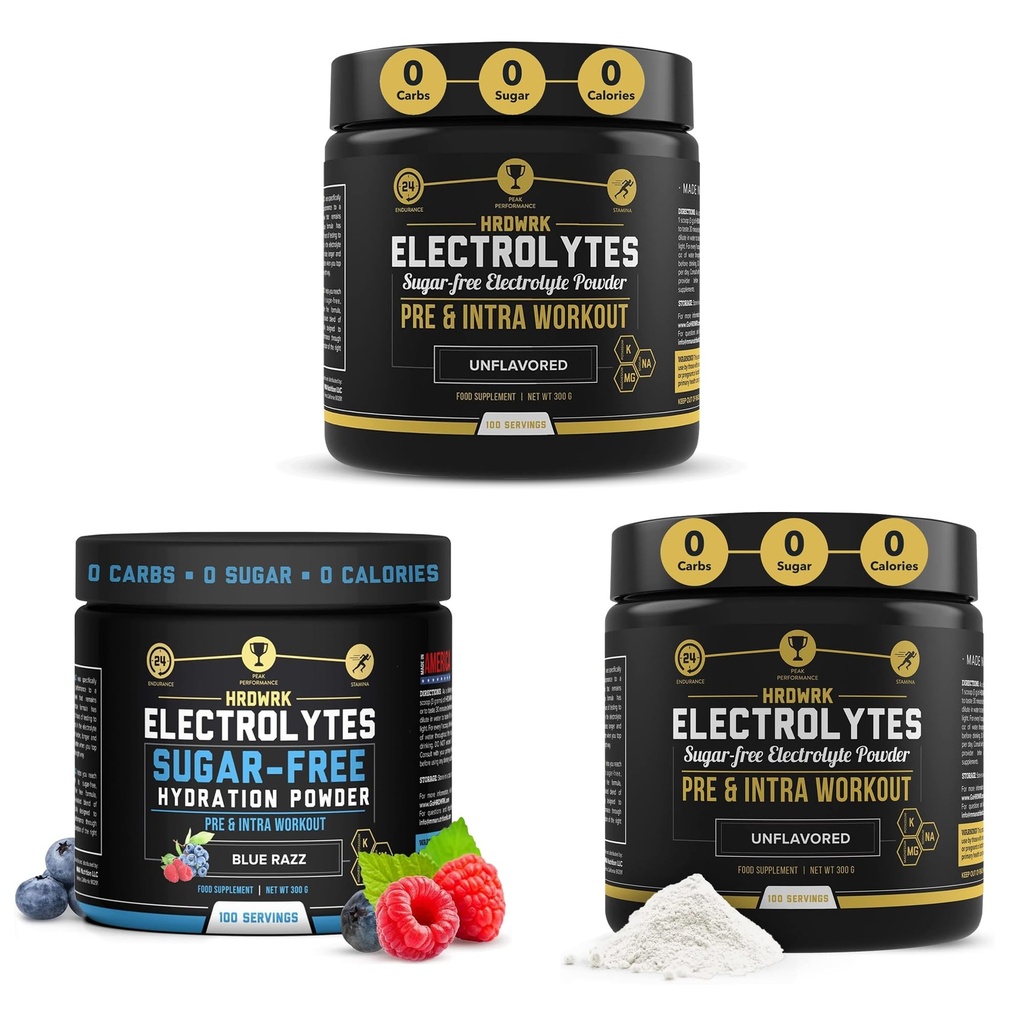 HRDWRK - 100 serveringer keto elektrolyter pulverhydrasjon sukker gratis - Electrolyte pulver for å øke utholdenhet og redusere tretthet med Electrolytes Supplement (uovertruffen sett 2 & Blue Razz)