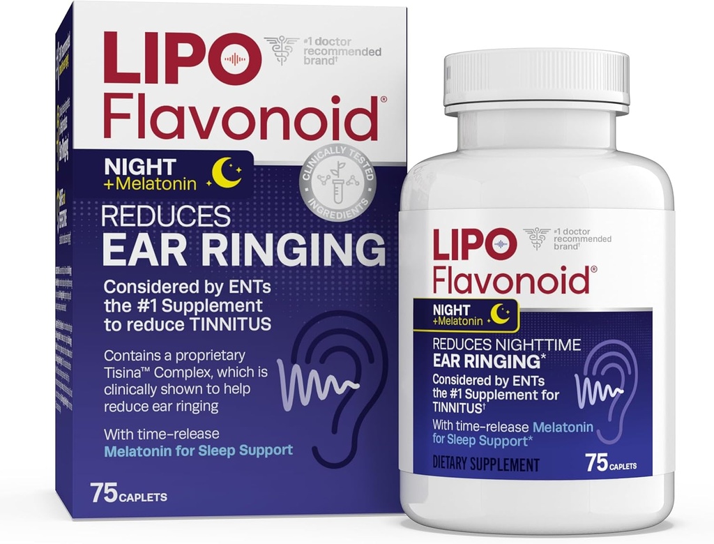 Lipo-Flavonoid Natttid PM for Tinnitus Relief - søvnhjelp med melatonin, Bioflavonoider, & vitamin C - Ringing i ørene, ørehelse, & avslapping - Bruk med Lipo-Flavonoid Plus - 75 kapler