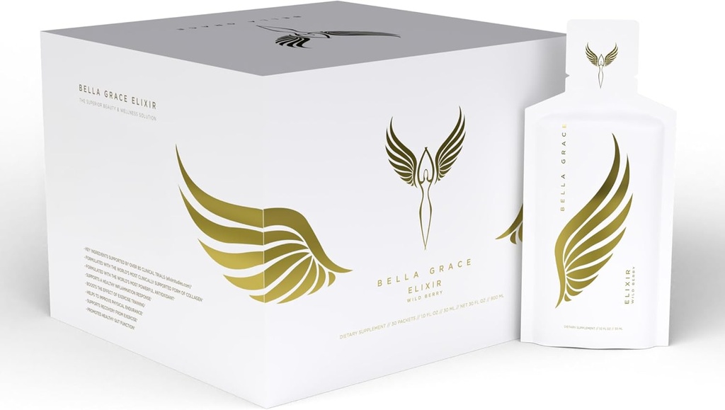 Bella Grace Elixir Collagen Peptider Supplement for hudpleie og helse med Verisol Collage, AstaReal Astaxanthin, og kattens klo, støtter collagen regenerasjon, antioksidant beskyttelse, 30 serveringer