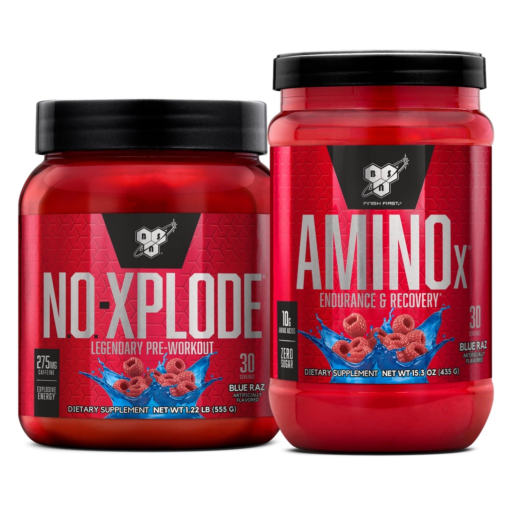 BSN Workout Bundle av ingen XPLODE pre trening pulver blå raz, 30 serverer Amino X muskel recovery intra trening støtte, kaffe gratis blå raz, 30 serveringer