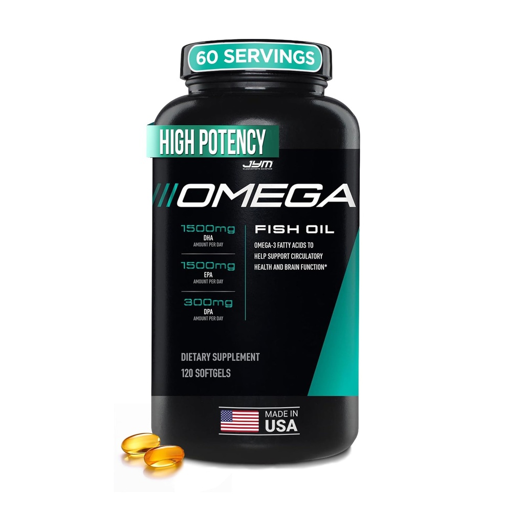 JYM Supplement Science Omega JYM Fish Oil 2800mg, høy potens Omega 3, EPA, DHA, DPA for hjernen, hjerte, og felles støtte 120 myke geler