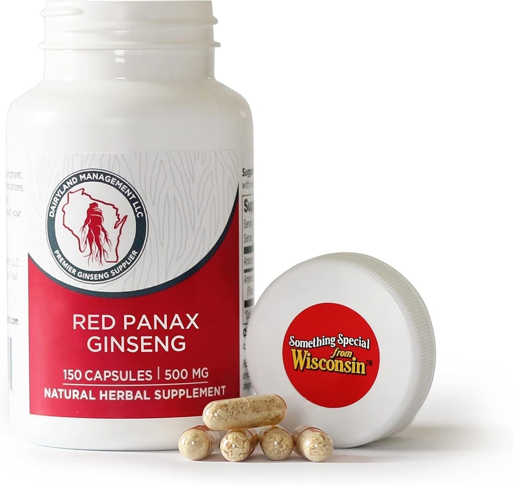 Dairyland Management LLC 100% Authentic Korean Red Panax Ginseng Kapsler -500 mg. Potent Ground Ginseng Root Extract pulver - Ingen fyllstoffer, Binders eller andre tilsetningsmidler. (150 ct)